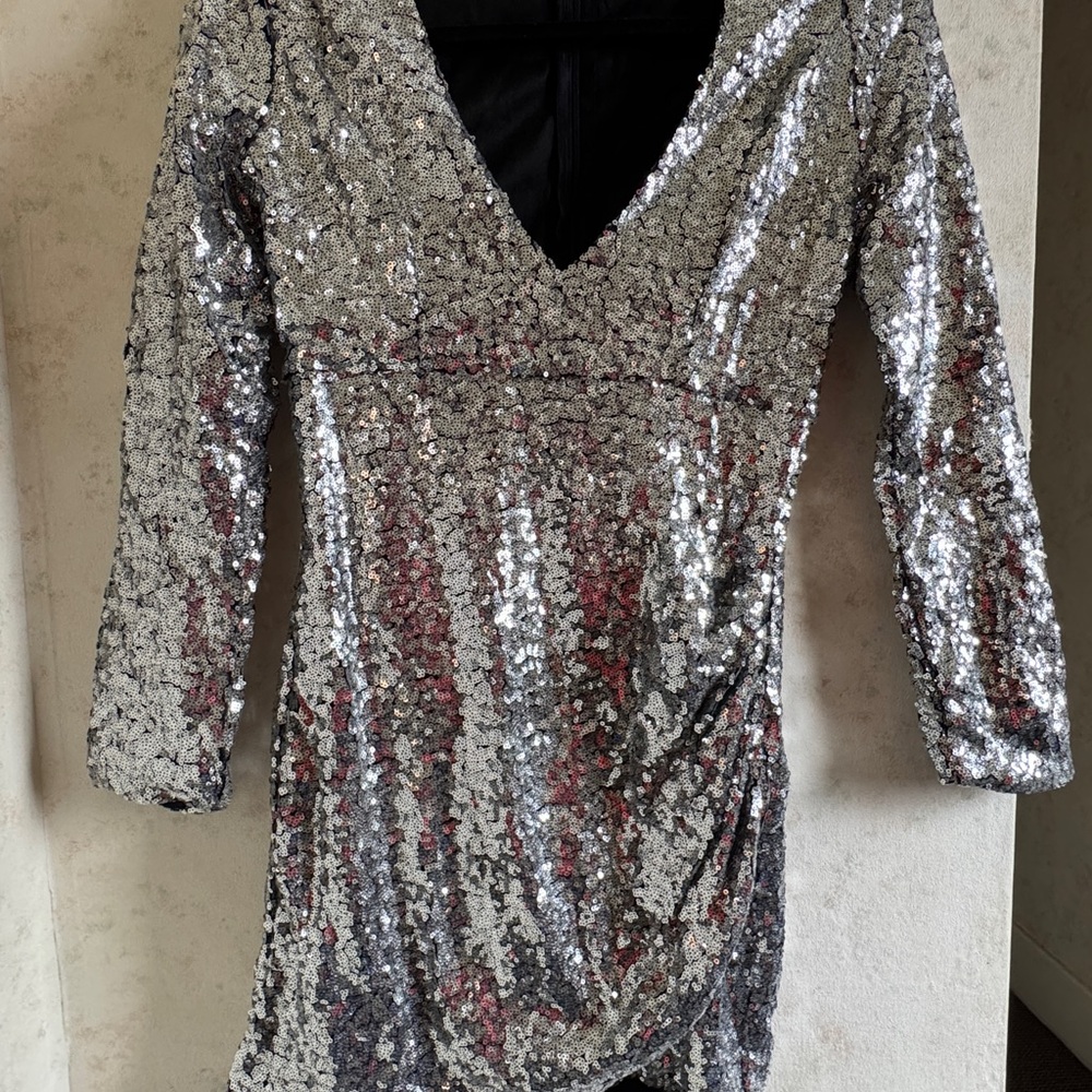 Silver Long Sleeve Sequin V-Neck Dress
